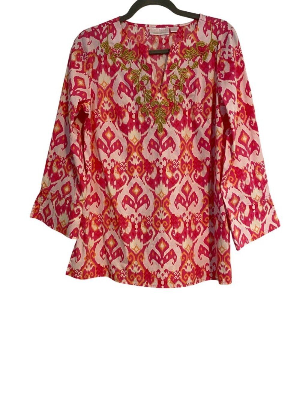 Bellisima By Kim Gravel Women S Tunic Top Pink Orange Ikat Embroidered Neckline